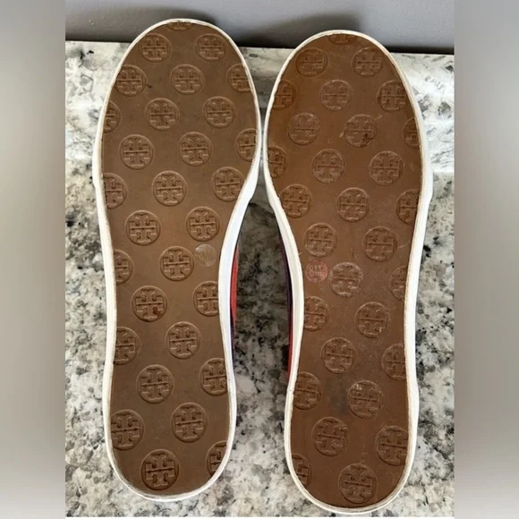 Tory Burch Raymond Canvas Flats Black Patent Logo Slip Ons Red White Blue Size 8 - Picture 12 of 13